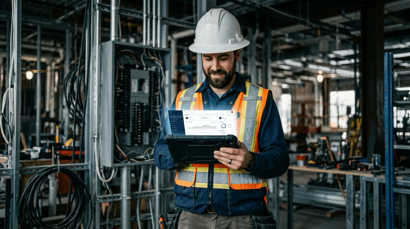 An Alberta electrician on an active job site reviewing compliance logs